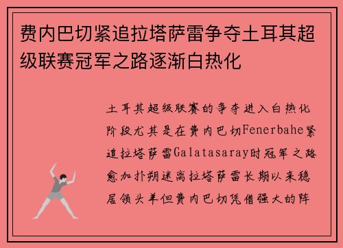 费内巴切紧追拉塔萨雷争夺土耳其超级联赛冠军之路逐渐白热化 费内巴切紧追拉塔萨雷争夺土耳其超级联赛冠军之路逐渐白热化