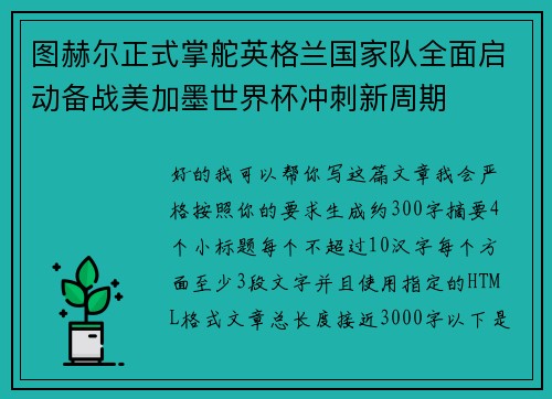 图赫尔正式掌舵英格兰国家队全面启动备战美加墨世界杯冲刺新周期